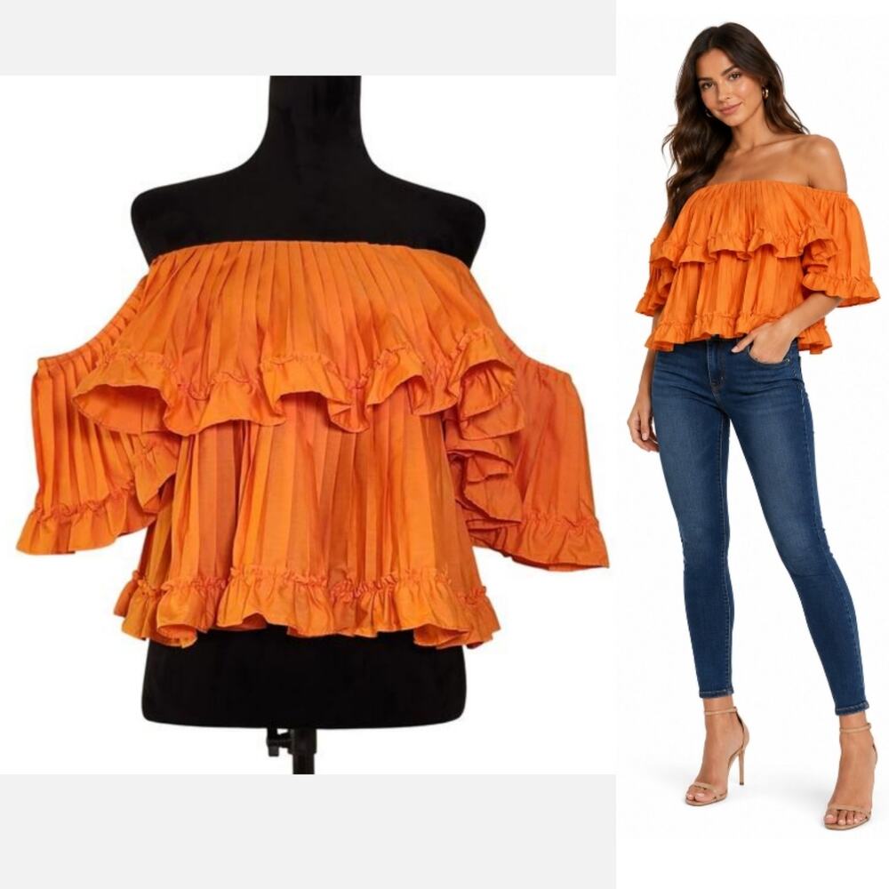 STRUT & BOLT NWT Orange Pleated Ruffle Off The Shoulder Top, Size Large